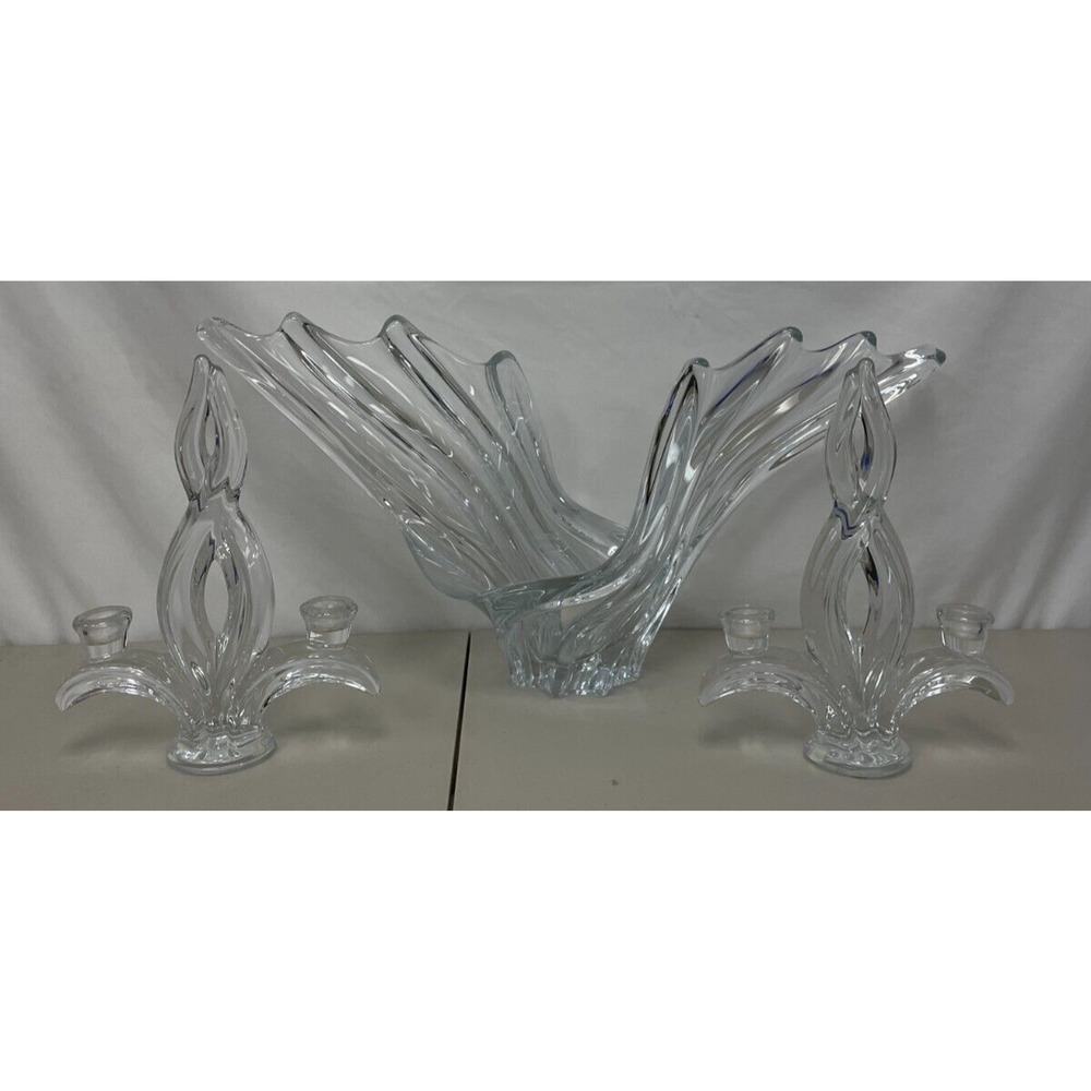 Vannes Crystal France Art Wings Centerpiece & Double Candlestick Holder Set of 3